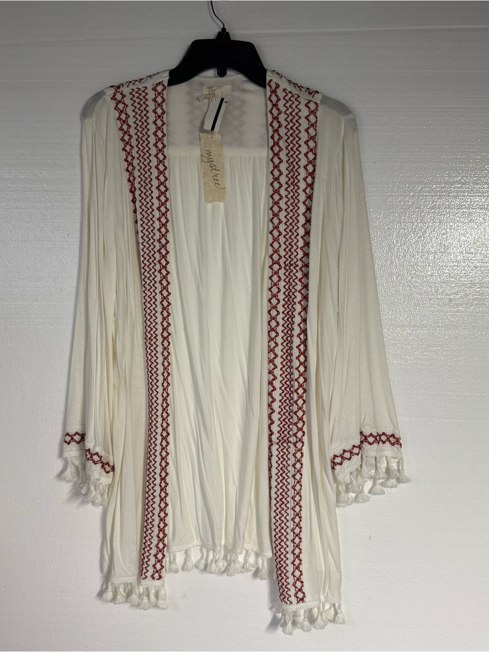Mystree Women L Ivory Rust Embroidered Open Front Boho Cardigan Tassel Fringe